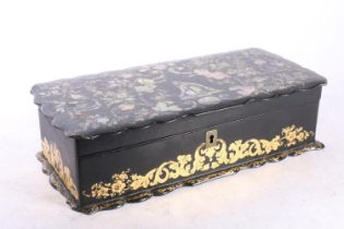 Abalone inlaid and gilded lacquered hinge top glove box of rectangular form with lobed border,