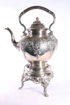 Silver plated spirit kettle on stand with burner, of large proportions decorated with strawberries