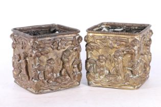 Pair of gilded brass square section plant pots with relief chrub and floral decoration, 12cm high.