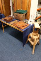 Early 20th century mahogany and brass plate camera (without lens), with accessories in large leather