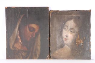 Two antique oil painting on canvas, head of Madonna 34cm x 27cm and head of a young lady 32cm x