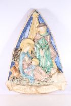 Italian maiolica style wall plaque with Christmas scene of Mary and baby Jesus, 41cm tall. (af)