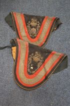 Two British Army black cloth panels with bullion wire crest, with banners Peninsular and Waterloo,