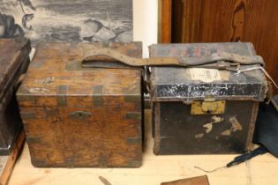 Metal bound oak hinge top box with triple section envelope interior, bearing plaque Sir George D