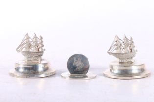 Pair of silver menu holder stands with HMS Victory surmounts by Levi & Salaman, London 1901 and