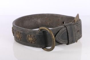 Large black leather dog collar with brass fittings and plaque 'Sir George Clerk 2nd Lifeguards'.