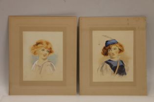 Manner of TOM SCOTT RSA RSW (1854-1927) Two half length portraits of girls Watercolour, signed and