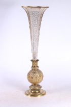 Continental glass and brass specimen vase, having tapering octagonal glass bowl decorated with