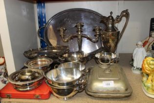 Silver-plated ware to include and entree dish and cover, four twin-handled bowls, a twin-handled