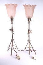 Pair of Benson style gimble table lights with Art Deco style frosted pink moulded glass shades, 49cm