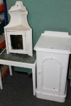 Victorian cream painted bedside cabinet, a similar corner cabinet and a stool. (3)