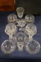 Antique style etched glassware to include ice plates, finger bowls and drinking glasses.