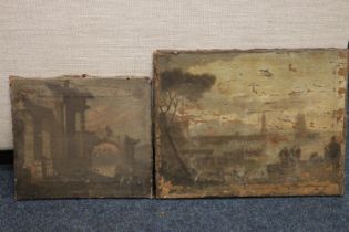 Two antique oil paintings, one of figures by the harbour 38cm x 50cm and one of temple ruins, 31cm x