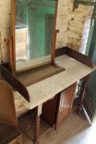 Mahogany washstand with marble top and gallery back 112w x 56d and a pine dressing glass.