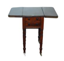 19th century mahogany work table with two short drawers and opposing drawer façades, drop sides,