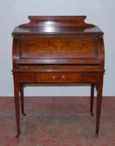 Edwardian inlaid mahogany cylinder desk with presentation plaque to the top, the inlaid fall front