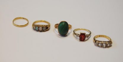Five 9ct gold gem and other rings, three size L, one size K and one size M, 11.7g gross.  (5)