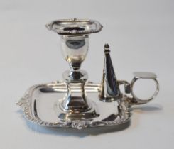 Silver boudoir chamber candlestick, rectangular, with gadrooned and scroll borders, by George
