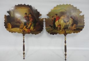 Pair of Victorian papier-mâché painted walnut and giltwood face screens, one depicting the return