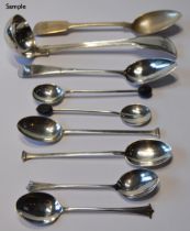 Silver teaspoon by W Jamieson, Aberdeen c. 1840, another two, a cream ladle, fiddle and thread,