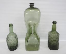 19th century green glass gurgle bottle decanter with pewter top, 35.5cm high, and two further