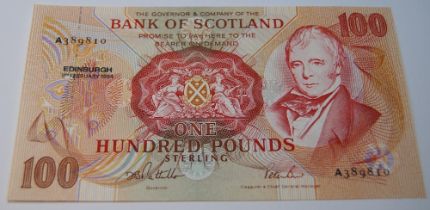 Bank of Scotland uncirculated £100 banknote from the Walter Scott series, 133-7, issued February