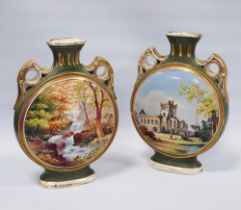 Pair of Aesthetic Movement moon flasks by Charles Barlow bearing pictorial images of Jedburgh
