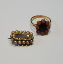 Georgian gold mourning brooch with pearls and a ring with coral, size Q.