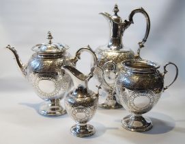 EP four-piece tea set with embossed scrolls, by J & S Sissons, c. 1880.