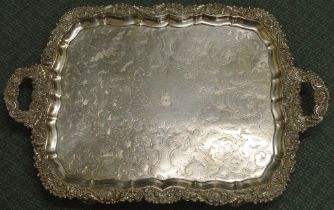Old Sheffield plated tea tray, flat chased with shaped moulded edge, scallop and foliate border,
