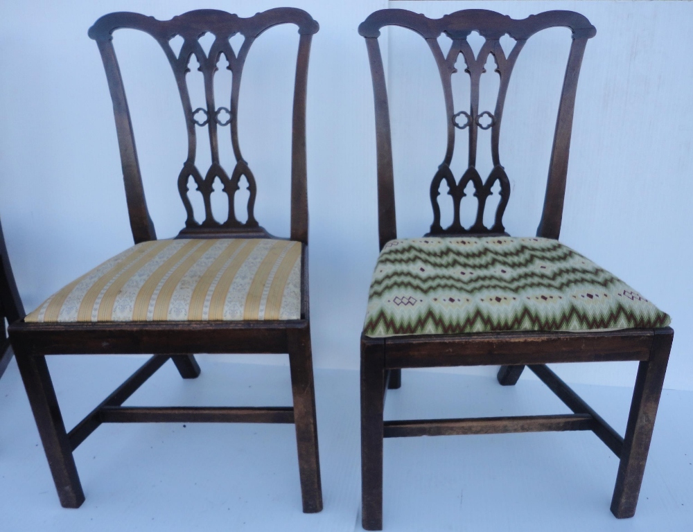Set of four Georgian mahogany dining chairs with pierced splats, fabric-covered slip-in seats, on - Image 6 of 11