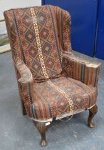 William & Mary Revival wing armchair, c. early 20th century, upholstered in Kelim fabric, on