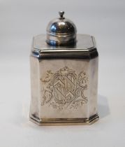 Silver rectangular tea caddy with cut corners and sliding top with domed knop, contemporary crest,