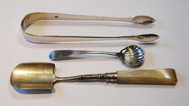 Silver cheese scoop by Cocks & Bettridge, Birmingham 1809, a scallop salt spoon, 1789, and a pair of