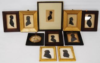 Group of Regency silhouette portraits, c. early 19th century, enclosed in various frames, largest