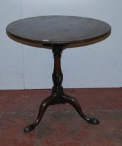 George III mahogany tea table, the saucer top on turned birdcage plinth above a turned column,