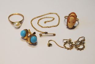 Pair of Italian gold ear clips, another pair, a cameo ring, a pearl ring and other items.