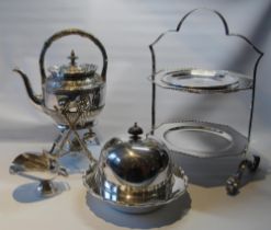 BM tea kettle with stand and lamp, a sugar scuttle, a muffin dish and cover, a plate, and a cake