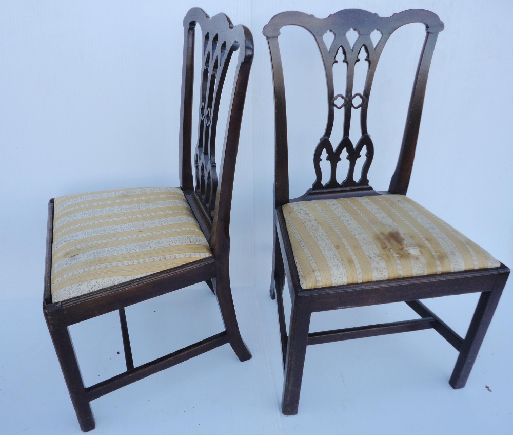 Set of four Georgian mahogany dining chairs with pierced splats, fabric-covered slip-in seats, on - Image 5 of 11