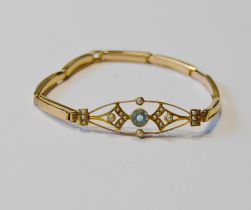 Edwardian gold expanding bracelet with zircon and pearls, 5g.