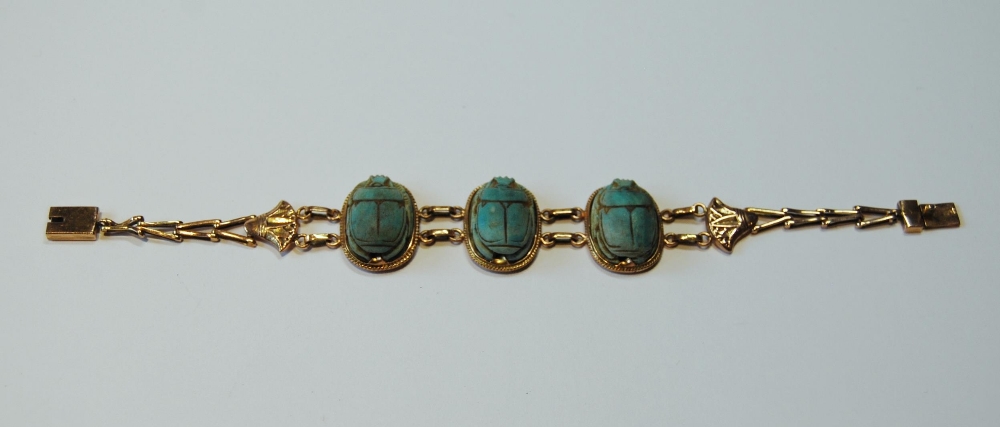 Egyptian gold bracelet with three scarabs, probably 9ct, c. 1920.