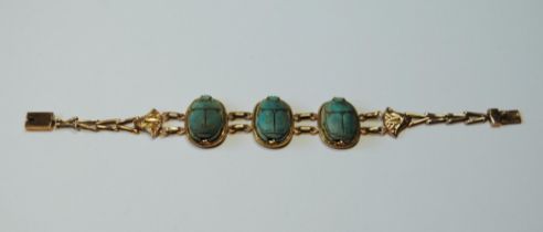 Egyptian gold bracelet with three scarabs, probably 9ct, c. 1920.