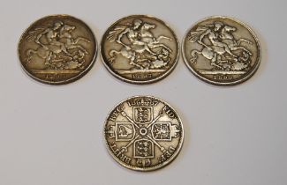 Three late Victorian silver crowns with Queen Victoria old head to obverse and Britannia on