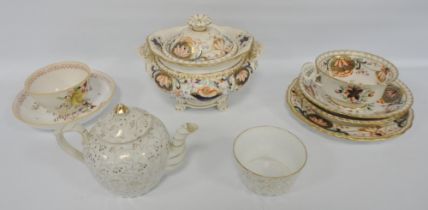 Group of Derby-style 19th century teawares in the Imari palette comprising a cabinet cup and two