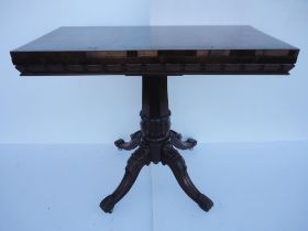 Victorian rosewood card table with fold-over top opening to reveal a later baize-lined interior,