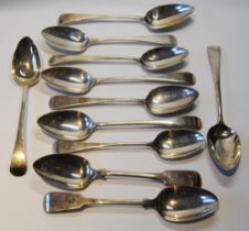 Two silver tablespoons, fiddle pattern, initialled, 1848, and nine others, some Scottish, 678g.