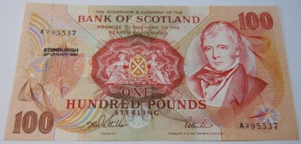 Bank of Scotland uncirculated £100 banknote from the Walter Scott series, 133-7, issued January