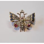 Victorian butterfly brooch with detachable pendant set with rubies, sapphires and diamond points, in