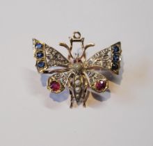 Victorian butterfly brooch with detachable pendant set with rubies, sapphires and diamond points, in
