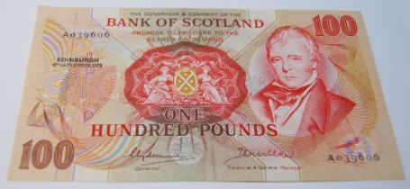 Bank of Scotland uncirculated £100 banknote from the Walter Scott series, 133-2, issued September 6,